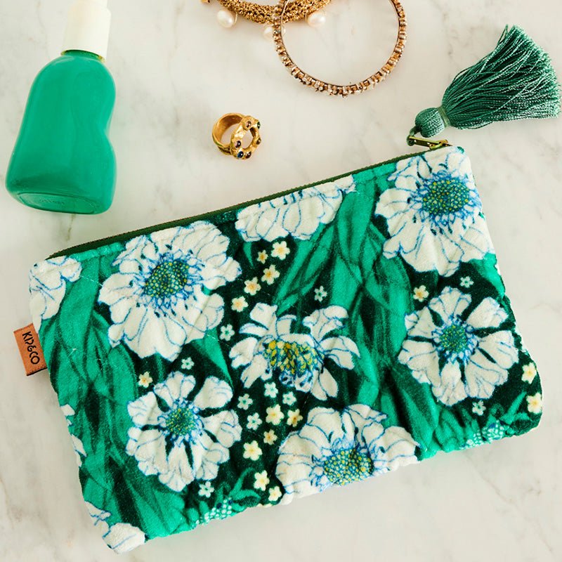 Tumbling Flowers Green Velvet Cosmetics Purse One Size